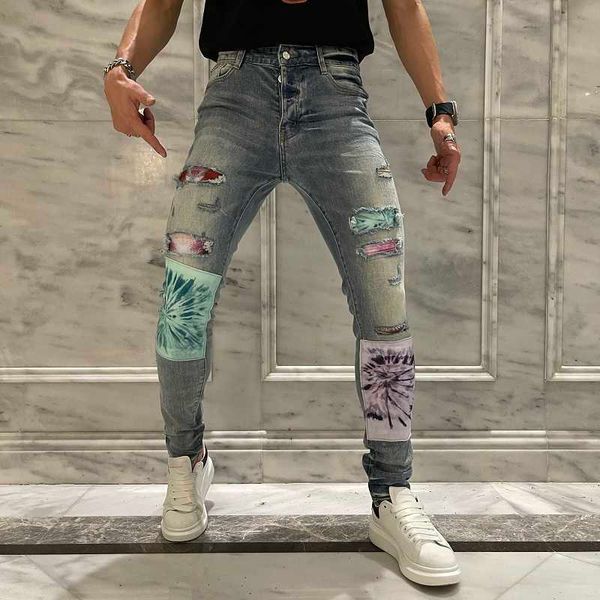 men's jeans gaojiechao brand painting pattern paste cloth wash water color patchwork hole patch jeans men's slim pants, Blue
men's jeans gaojiechao brand painting pattern paste cloth wash water color patchwork hole patch jeans men's slim pants, Blue