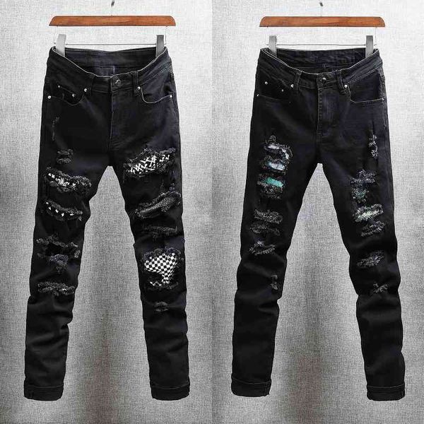men's jeans american streetwear fashion men slim fit black elastic cotton ripped denim punk trousers patches designer hip hop pant, Blue
men's jeans american streetwear fashion men slim fit black elastic cotton ripped denim punk trousers patches designer hip hop pant, Blue