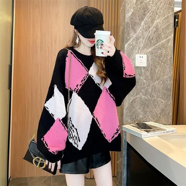 women's sweaters autumn breathable ladies female loose long sleeve knitwear retro color matching diamond plaid o-neck knitted crop, White;black
women's sweaters autumn breathable ladies female loose long sleeve knitwear retro color matching diamond plaid o-neck knitted crop, White;black