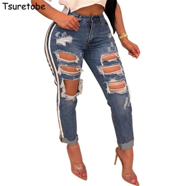 tsuretobe streetwear hole ripped jeans women casual high waist denim pants side stripe ladies straight trousers female women's, Blue
tsuretobe streetwear hole ripped jeans women casual high waist denim pants side stripe ladies straight trousers female women's, Blue