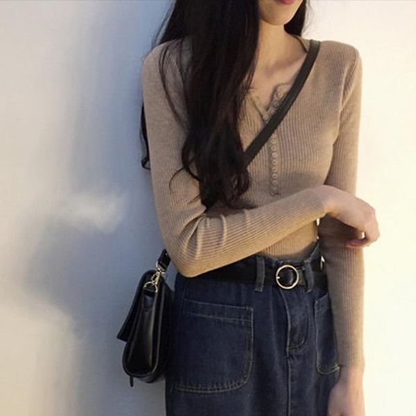 women's sweaters retro pullover sweater is thin elastic autumn and winter all-match v-neck long-sleeved base knitted, White;black
women's sweaters retro pullover sweater is thin elastic autumn and winter all-match v-neck long-sleeved base knitted, White;black