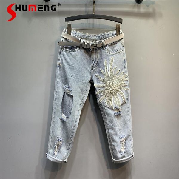 women's jeans vintage woman beads rhinestones three-dimensional flower light color hole loose summer high waist baggy harem pant, Blue
women's jeans vintage woman beads rhinestones three-dimensional flower light color hole loose summer high waist baggy harem pant, Blue