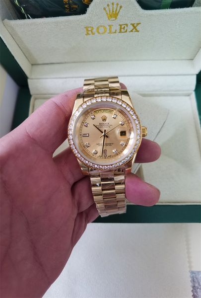 with original box luxury fashion watches 18k yellow gold diamond dial & bezel 18038 automatic men's watch wristwatch 2663, Slivery;brown
with original box luxury fashion watches 18k yellow gold diamond dial & bezel 18038 automatic men's watch wristwatch 2663, Slivery;brown
