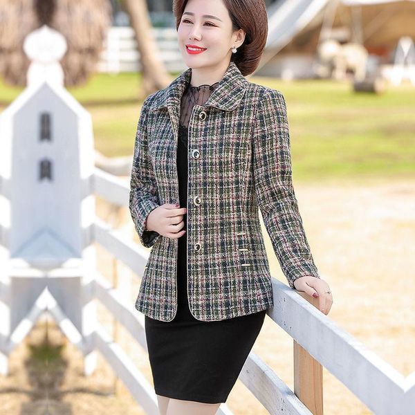spring autumn middle-aged and elderly women's jackets fenamel single-breasted plaid jacket coat elegant slim outerwear f128, Black;brown