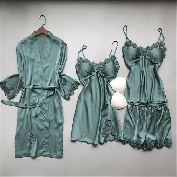 4 pieces silk pajamas women sleepwear sets short pants spring pijamas robe femme night wear pyjamas, Black;red
4 pieces silk pajamas women sleepwear sets short pants spring pijamas robe femme night wear pyjamas, Black;red