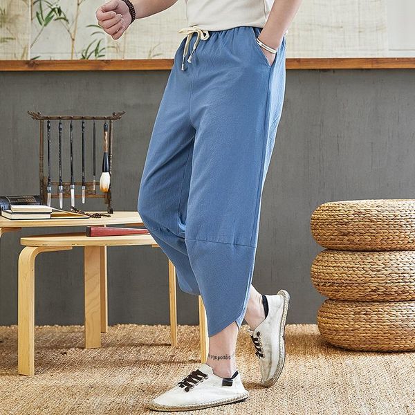 men's pants dyb&zacq summer thin style chinese linen shorts large size wide legs haren cotton men 4xl 5xl, Black