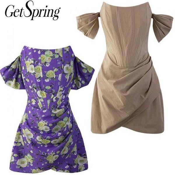 

getspring women dress slash neck off shoulder dresses vintage fashion summer printing 210601, Black;gray
