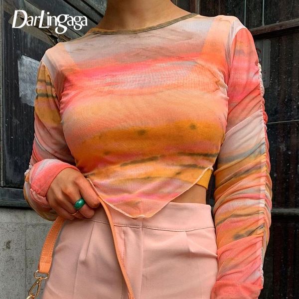 women's t-shirt darlingaga fashion tie dye printed mesh summer t-shirts shirring cropped tees irregular hem skinny t shirt, White
women's t-shirt darlingaga fashion tie dye printed mesh summer t-shirts shirring cropped tees irregular hem skinny t shirt, White