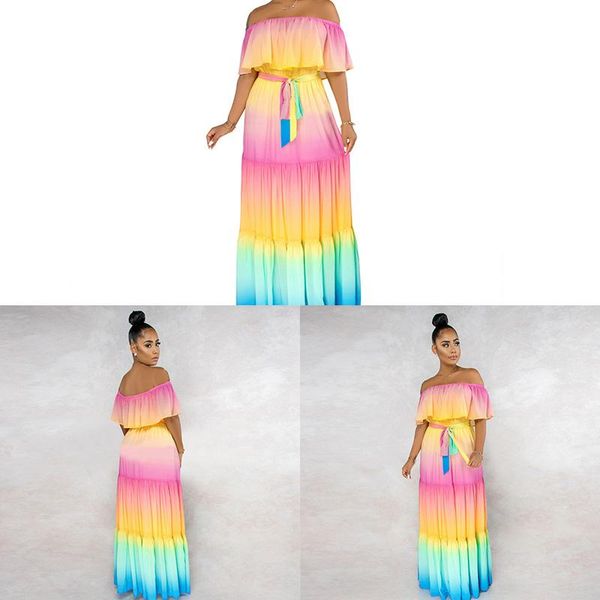 party dresses rainbow changing color maxi dress with belt ruffle off shoulder long summer casual women, White;black
party dresses rainbow changing color maxi dress with belt ruffle off shoulder long summer casual women, White;black