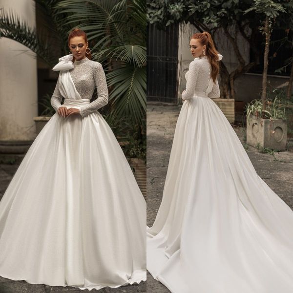 elegant wedding dresses high collar long sleeves lace satin bridal gowns custom made button back sweep train a line dress robe de mariee, White
elegant wedding dresses high collar long sleeves lace satin bridal gowns custom made button back sweep train a line dress robe de mariee, White