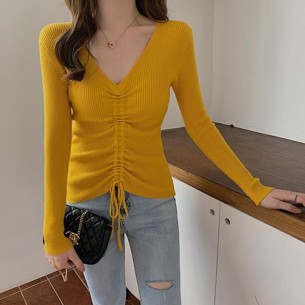women's sweaters knitted pullovers sweater 2021 korean-style drawstring lace up belt v-neck elegant slim-fit black women 601b, White;black
women's sweaters knitted pullovers sweater 2021 korean-style drawstring lace up belt v-neck elegant slim-fit black women 601b, White;black