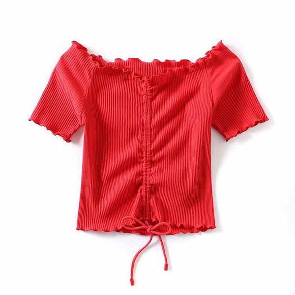 women's t-shirt one-line neck strapless drawstring pleated knit short-sleeved women, White
women's t-shirt one-line neck strapless drawstring pleated knit short-sleeved women, White