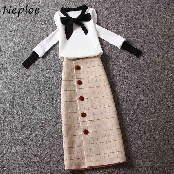 women knitted sets bow tie hit color sweater + medium-long buttons plaid skirt suits outfits 210430, White
women knitted sets bow tie hit color sweater + medium-long buttons plaid skirt suits outfits 210430, White