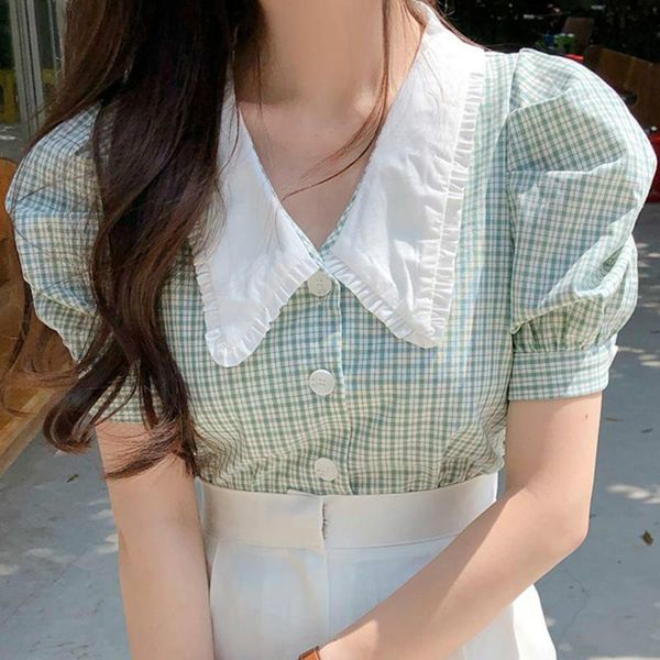 women's polos vintage retro plaid single-breasted shirt female puff sleeve summer women blouses femme blusas korean chic fashion, White
women's polos vintage retro plaid single-breasted shirt female puff sleeve summer women blouses femme blusas korean chic fashion, White