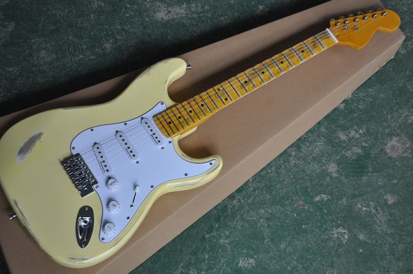 factory custom milik yellow relic body electric guitar with maple neck ,white pickguard,chrome hardware,provide customized services.
factory custom milik yellow relic body electric guitar with maple neck ,white pickguard,chrome hardware,provide customized services.