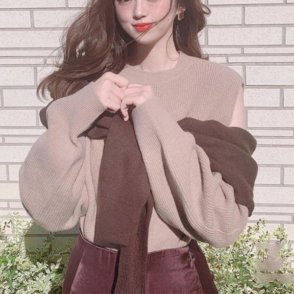 women's sweaters off-shoulder long sleeve loose knit pullovers chic contrast color jumper autumn winter japanese elegant o-neck sweater, White;black