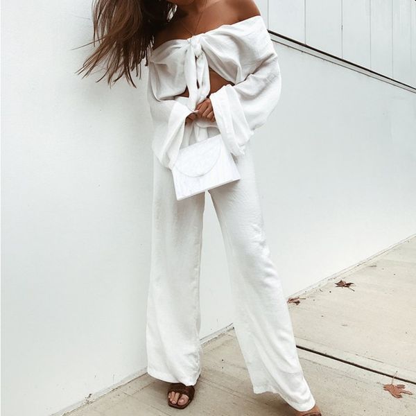 women's fashion casual two piece set solid white long sleeve short bow cardigan & full length loose pants autumn suit 210422
women's fashion casual two piece set solid white long sleeve short bow cardigan & full length loose pants autumn suit 210422