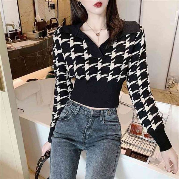 woman autumn winter houndstooth womens sweaters v neck high waist femme chandails pull hiver, White;black
woman autumn winter houndstooth womens sweaters v neck high waist femme chandails pull hiver, White;black