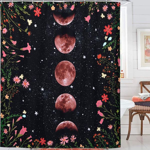 black boho floral fabric shower curtain, moonlit garden vines twisting into moon phrase starry night sky bathroom shower curtain
black boho floral fabric shower curtain, moonlit garden vines twisting into moon phrase starry night sky bathroom shower curtain