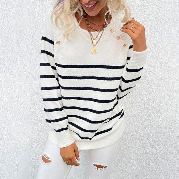 women's sweaters 2021 autumn and winter sweater striped knit pullover shoulder buckle women, White;black
women's sweaters 2021 autumn and winter sweater striped knit pullover shoulder buckle women, White;black