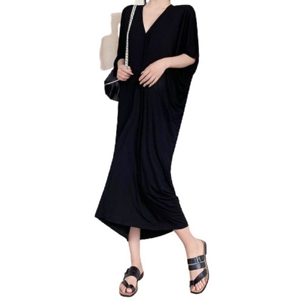 women elegant casual black high elasticity batwing sleeve v-neck pleated pullover loose ankle length dress d3050 210514, Black;gray
women elegant casual black high elasticity batwing sleeve v-neck pleated pullover loose ankle length dress d3050 210514, Black;gray