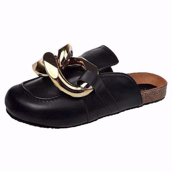 slippers baotou half female 2021 spring outer wear fashionable metal chain, Black