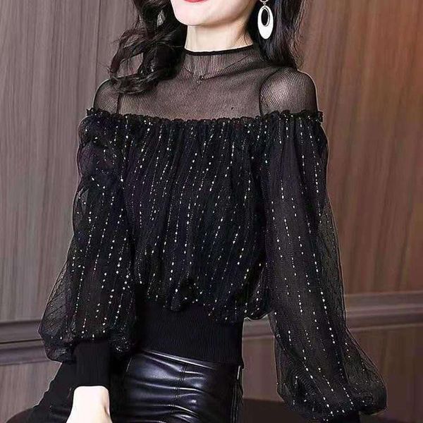 women's blouses & shirts lucyever black mesh see through blouse fashion sequin patchwork chiffon lantern sleeve women clothing, White
women's blouses & shirts lucyever black mesh see through blouse fashion sequin patchwork chiffon lantern sleeve women clothing, White