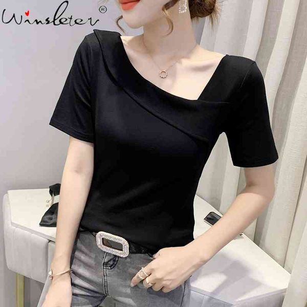 women's t-shirt summer european clothes cotton solid skew collar asymmerrical women short sleeve bottoming shirt tees t1, White
women's t-shirt summer european clothes cotton solid skew collar asymmerrical women short sleeve bottoming shirt tees t1, White