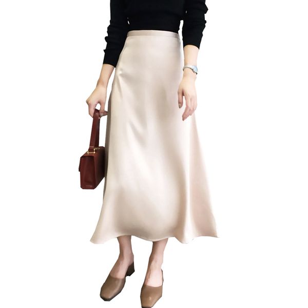 skirt 2021 Summer Waist Women A-Line Satin Long Fashion Pure Color Elegant Ladies Skirt Faldas Jupe Femme Saia, Black 
skirt 2021 Summer Waist Women A-Line Satin Long Fashion Pure Color Elegant Ladies Skirt Faldas Jupe Femme Saia, Black