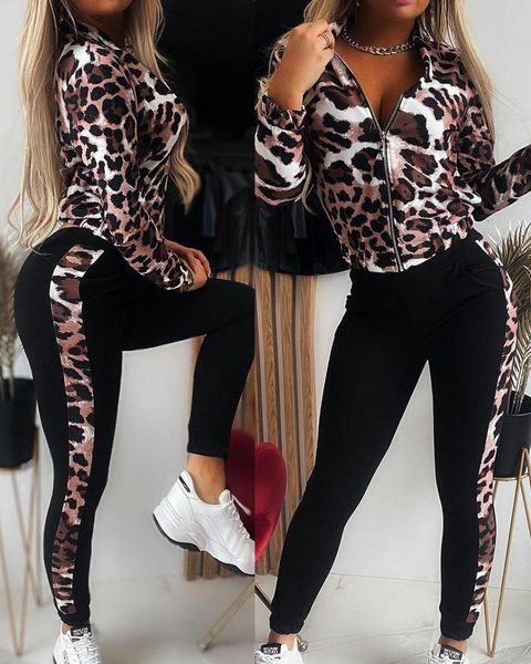 women's two piece pants leopard print zip up & set casual women outfits, White