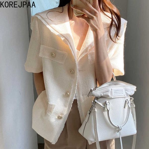 korejpaa women jackets summer girls french elegant navy collar raw edge design chic button loose cardigan woolen short coat 210526, Black;brown
korejpaa women jackets summer girls french elegant navy collar raw edge design chic button loose cardigan woolen short coat 210526, Black;brown