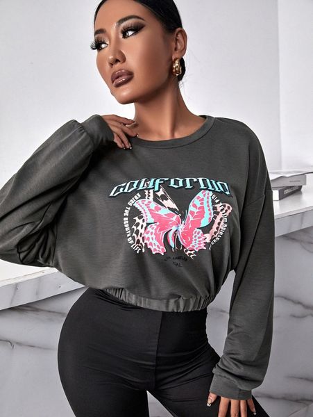 sxy slogan & butterfly print drop shoulder sweatshirt x4ff#, White;black 
sxy slogan & butterfly print drop shoulder sweatshirt x4ff#, White;black