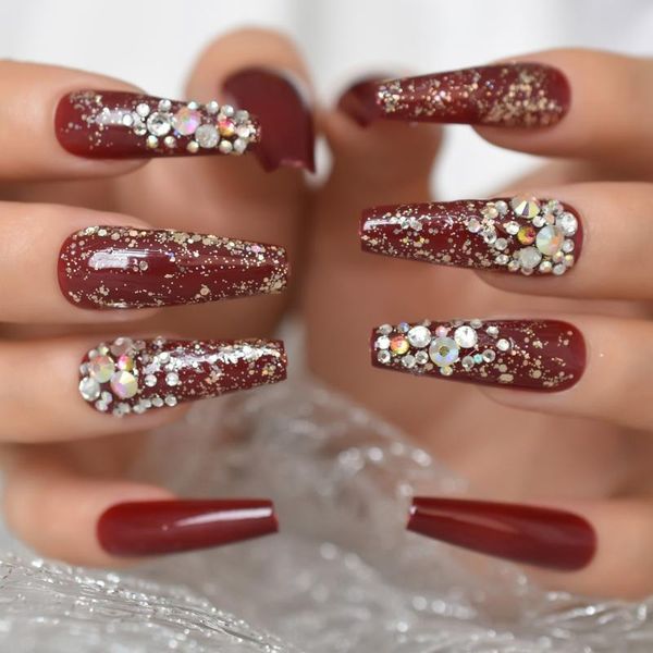 false nails burgundy fake with designs bling rhinestone glitter tapered extra long press on sparkle coffin ballet nail art, Red;gold
false nails burgundy fake with designs bling rhinestone glitter tapered extra long press on sparkle coffin ballet nail art, Red;gold