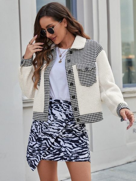 contrast houndstooth button front jacket a8t5#, Black;brown