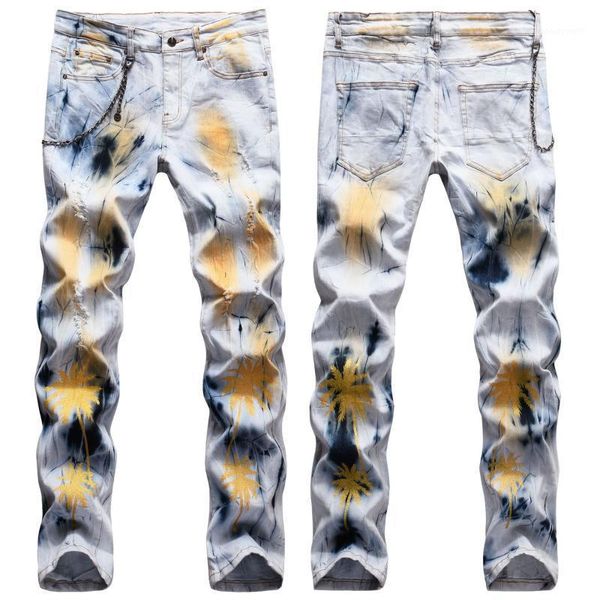 men's male trousers fashion casual original handmade paint gold printed coconut tree hanging chain stretch slim jeans pants, Blue
men's male trousers fashion casual original handmade paint gold printed coconut tree hanging chain stretch slim jeans pants, Blue