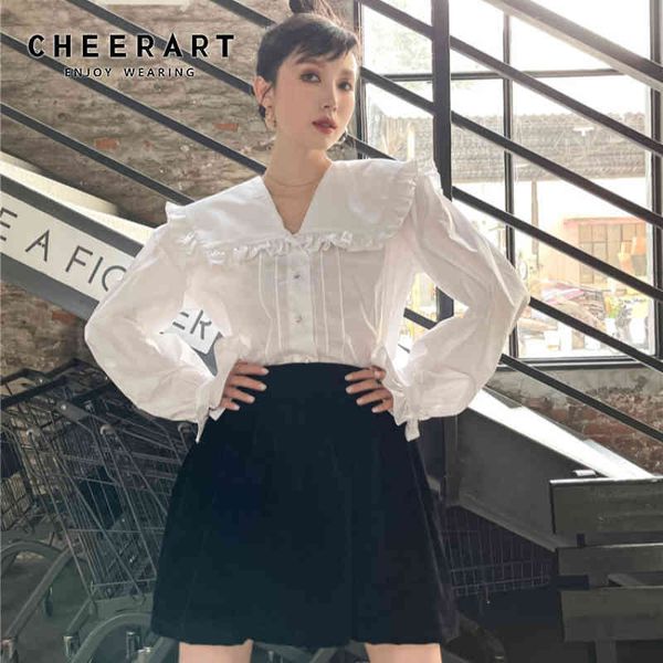 peter pan collar white shirt long sleeve button up collared lantern casual and blouses fashion 210427