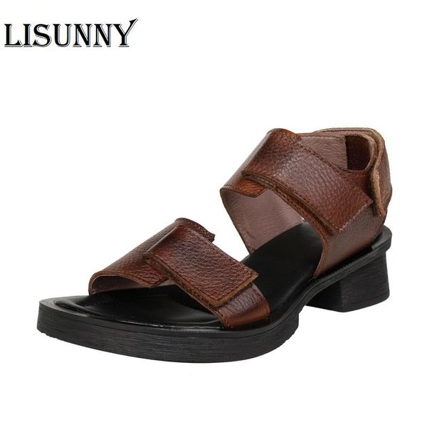 women leather sandals med heels summer shoes for soft genuine beach casual, Black