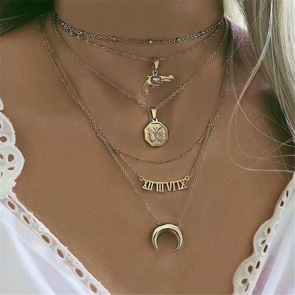 pendant necklaces 2021 boho gold pistol horn butterfly coin roman numeral necklace for women fashion multilayer chain choker jewelry gift, Silver
pendant necklaces 2021 boho gold pistol horn butterfly coin roman numeral necklace for women fashion multilayer chain choker jewelry gift, Silver