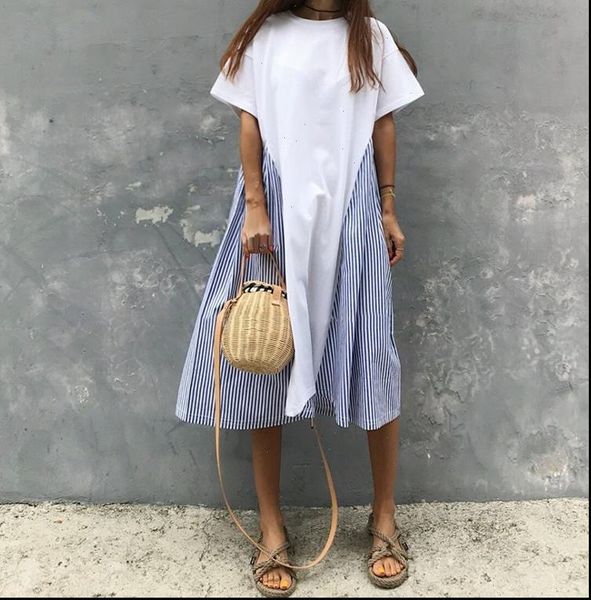 women dress summer cotton casual korean stitched striped loose short sleeved patchwork a line o neck, Black;gray
women dress summer cotton casual korean stitched striped loose short sleeved patchwork a line o neck, Black;gray