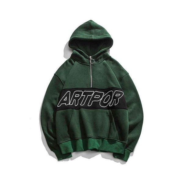 campus style winter fleece pullover hoodies hip hop print harajuku streetwear men autumn cotton warm hooded sweatshirts green 210603, Black