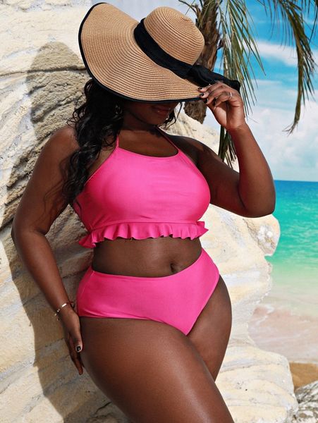 plus solid ruffle hem bikini swimsuit 58x5#, Black