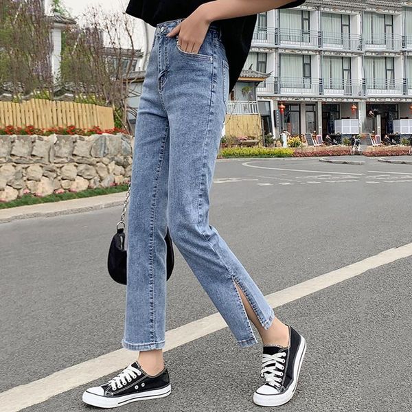women's jeans 2021 spring and summer models nine-point slim straight high waist slim-fit split small feet, Blue