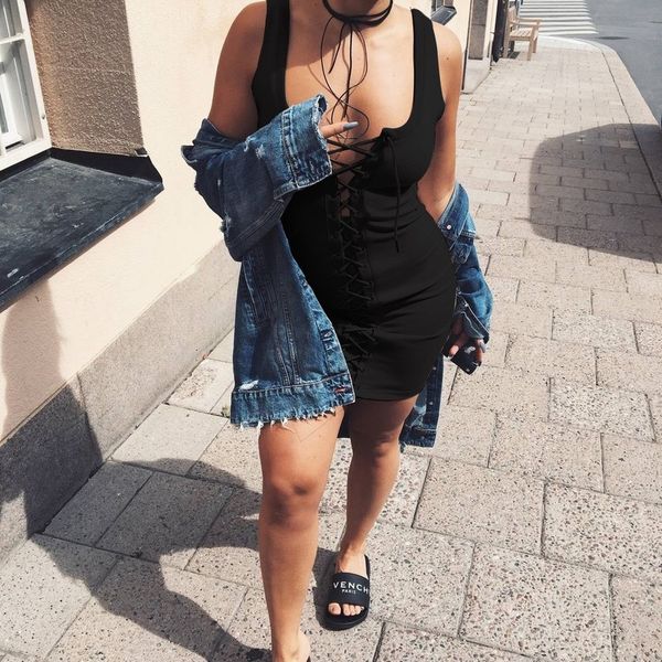 dress women mini sleeveless club vestidos v-neck lacing bodycon bandage dress, Black;gray
dress women mini sleeveless club vestidos v-neck lacing bodycon bandage dress, Black;gray