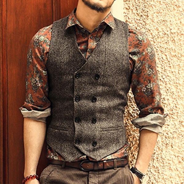 men's vests wool waistcoat slim fit brown tweed suit vest with double breasted gentleman herringbone pattern for business wedding, Black;white
men's vests wool waistcoat slim fit brown tweed suit vest with double breasted gentleman herringbone pattern for business wedding, Black;white