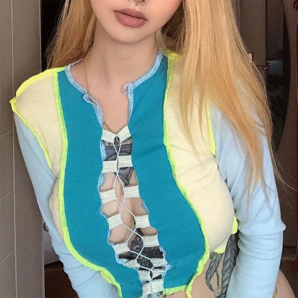 women's t-shirt women long sleeve ribbed slim hollow front lace-up color block neon striped harajuku streetwear, White
women's t-shirt women long sleeve ribbed slim hollow front lace-up color block neon striped harajuku streetwear, White