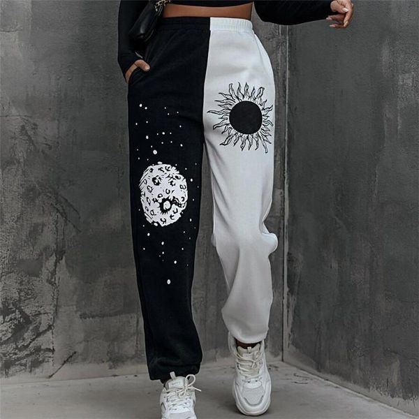 women's pants & capris women hip hop elastic waist sweatpants sun and moon print patchwork 2021 autumn pocket overalls casual streetwea, Black;white 
women's pants & capris women hip hop elastic waist sweatpants sun and moon print patchwork 2021 autumn pocket overalls casual streetwea, Black;white