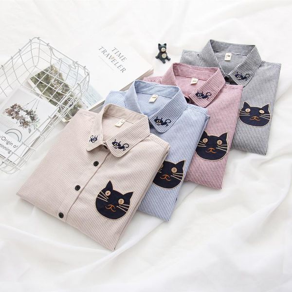 women's blouses & shirts women autumn cat embroidery long sleeve shirt stripe camisas femininas fashion office work wear ladies, White
women's blouses & shirts women autumn cat embroidery long sleeve shirt stripe camisas femininas fashion office work wear ladies, White