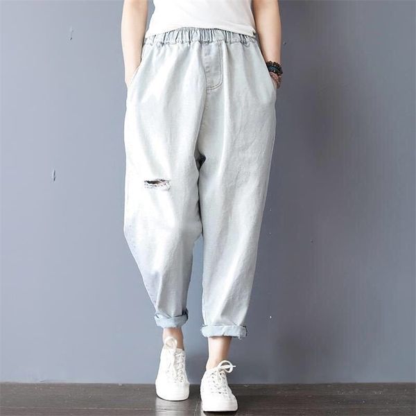 summer arts style women elastic waist loose casual cotton denim harem pants vintage bleached ripped jeans big size m77 210708, Blue
summer arts style women elastic waist loose casual cotton denim harem pants vintage bleached ripped jeans big size m77 210708, Blue