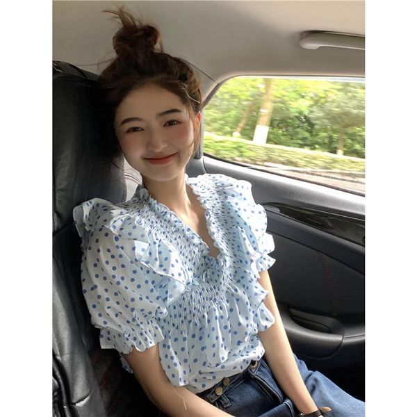 women's blouses & shirts french style puff short sleeve polka dot print sweet chic ruffles design women blouse v neck pleated pullover, White
women's blouses & shirts french style puff short sleeve polka dot print sweet chic ruffles design women blouse v neck pleated pullover, White