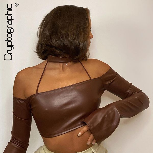 cryptographic pu leather halter brown crop for women long sleeve backless cropped feminino summer 2021, Black;white
cryptographic pu leather halter brown crop for women long sleeve backless cropped feminino summer 2021, Black;white